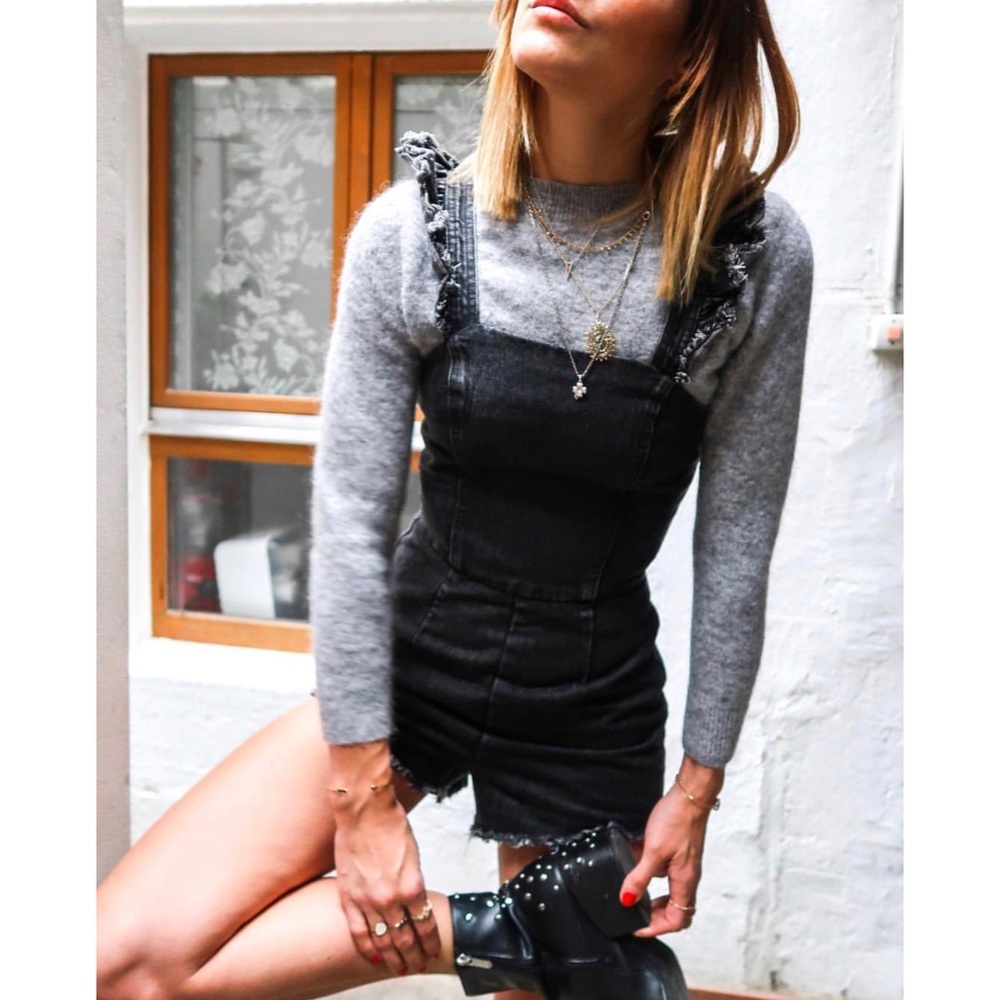 Black Denim Washed Ruffle Romper - Picture 2 of 6